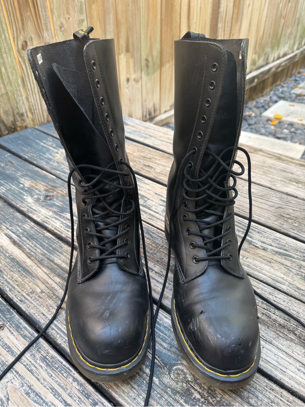 Dr. Martens AirWair Black Leather Lace-Up Combat Boots with Yellow Stitching